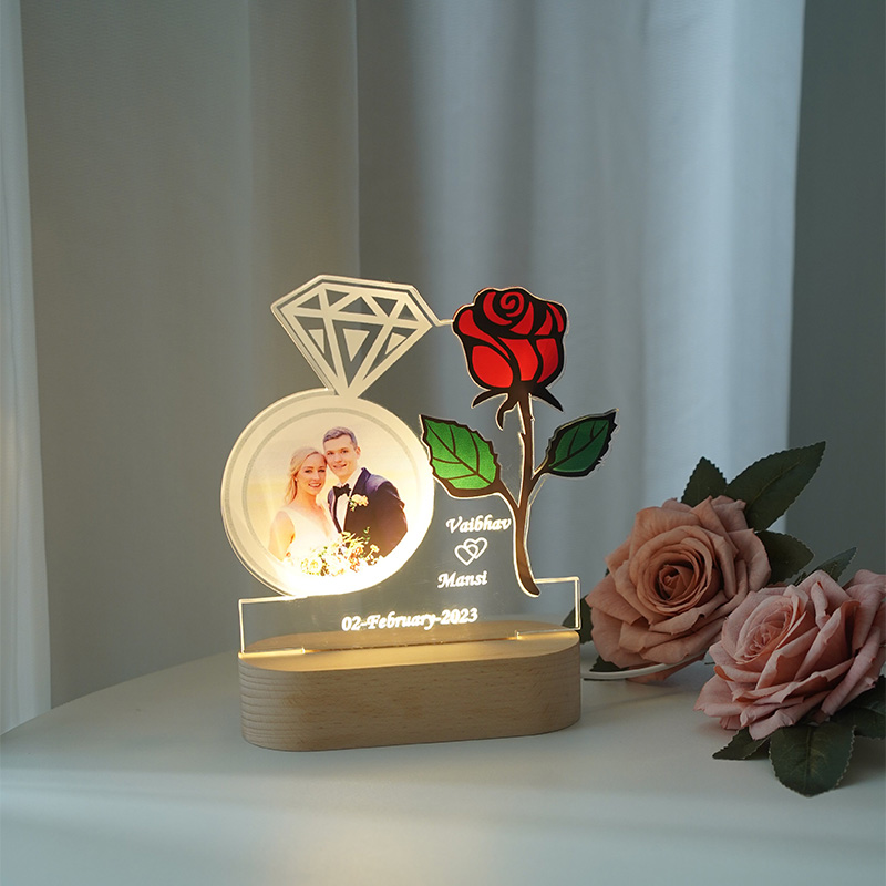 Personalized Couple Diamond Ring Rose Acrylic Light