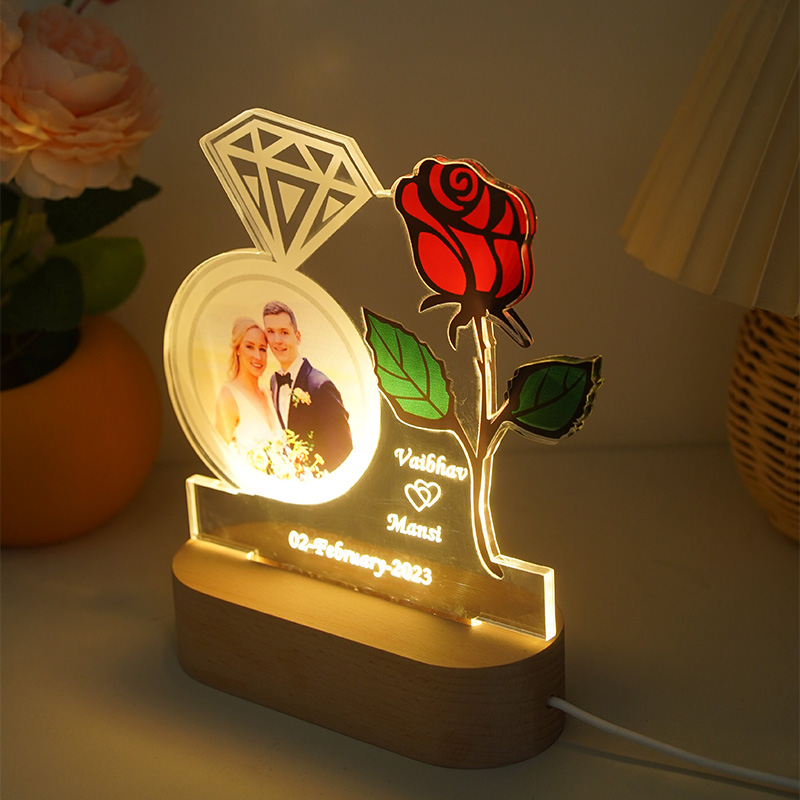 Personalized Couple Diamond Ring Rose Acrylic Light