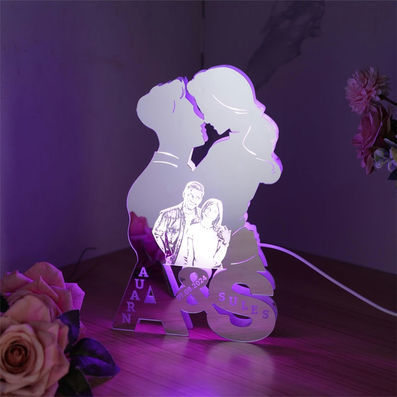 Personalized Couple Silhouette Photo Engraved Initials Mirror Lamp