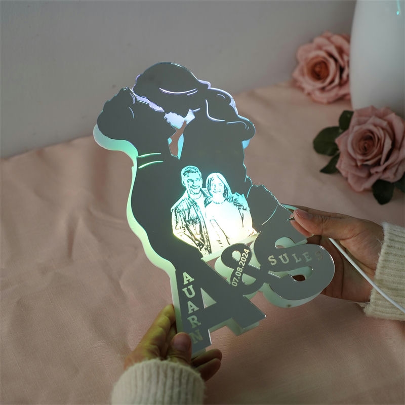 Personalized Couple Silhouette Photo Engraved Initials Mirror Lamp