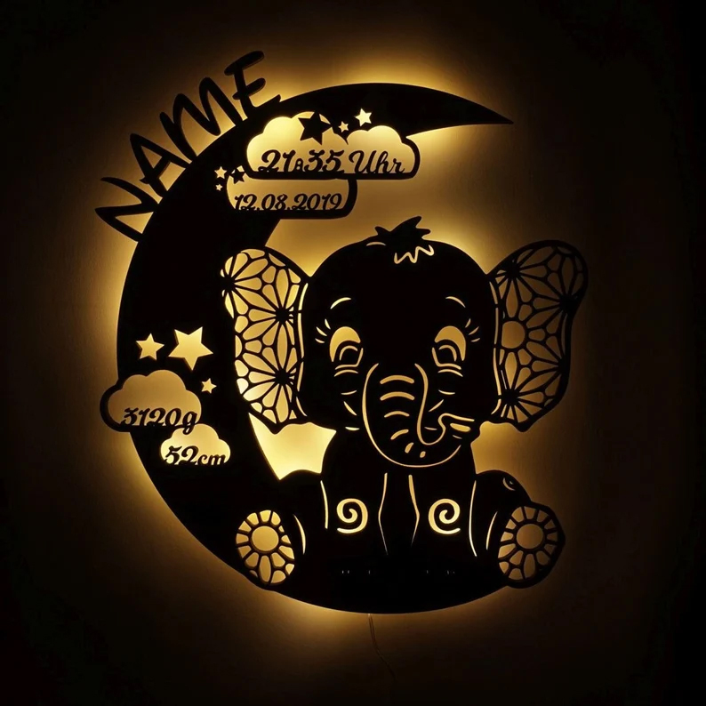 Personalized Baby Elephant Wooden Wall Moon Lantern