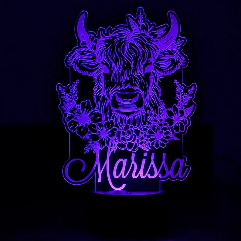 Personalized Floral Highland Cow Night Light